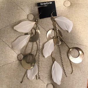 Bebe Loop Feather Crystal Chain Statement Earrings